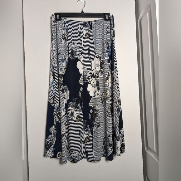 C&B Abstract artsy boho lagenlook long maxi midi skirt s L  floral stripe patch - Picture 4 of 7